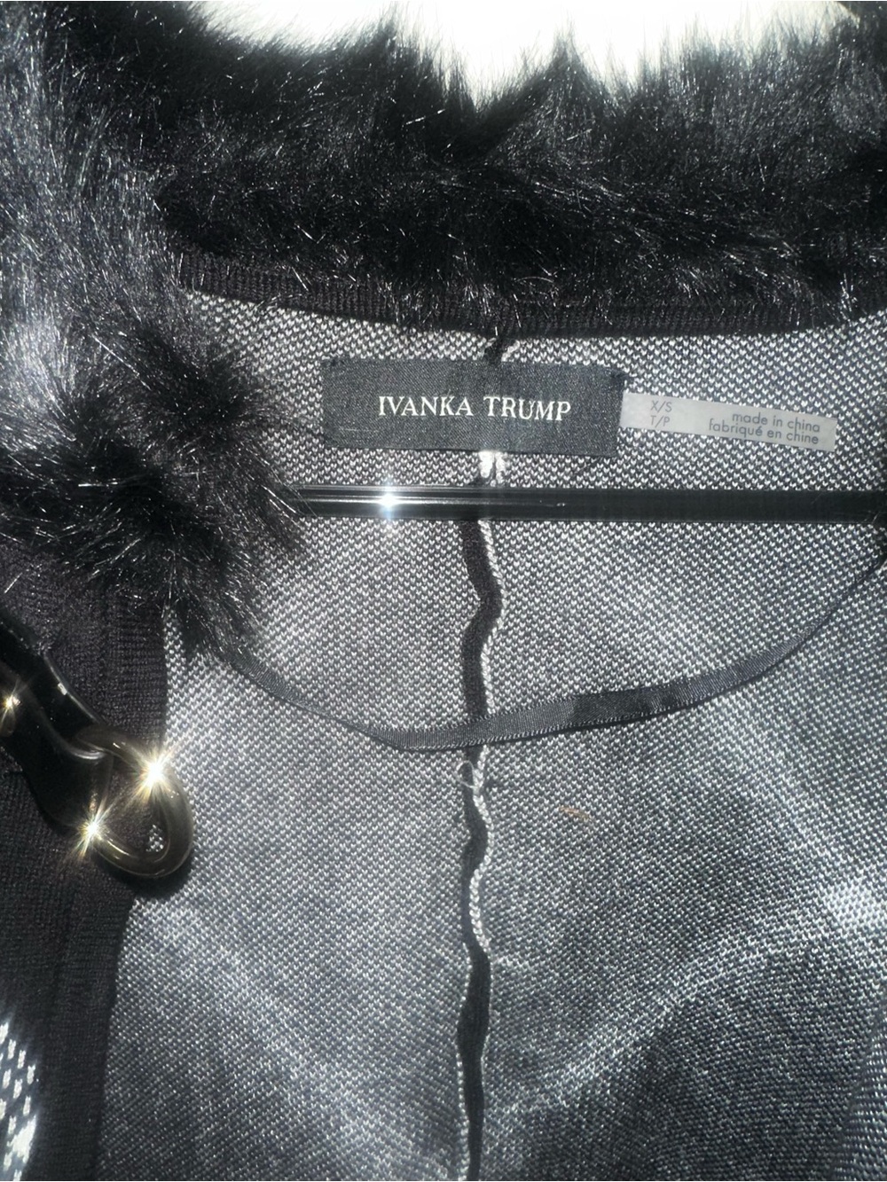 Ivanka Trump Black and White Windowpane Poncho with Faux Fur Colla my - Picture 3 of 4